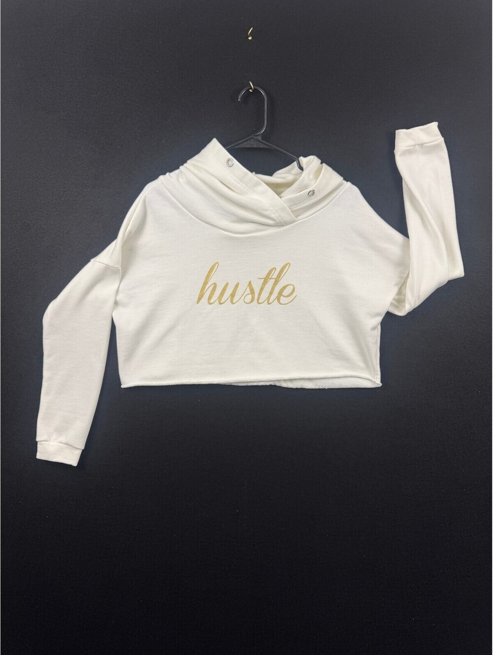 rue21 White Cropped Hoodie with Gold 'hustle' Print, Size M